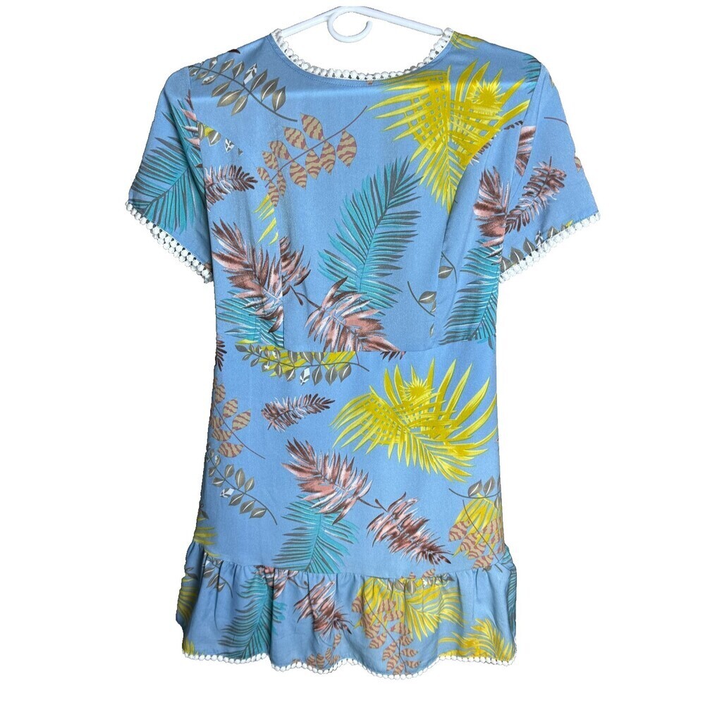 Tropical Palm Leaf Mini Dress by Entro Sz L Blue & Yellow Lattice Cage Back Boho